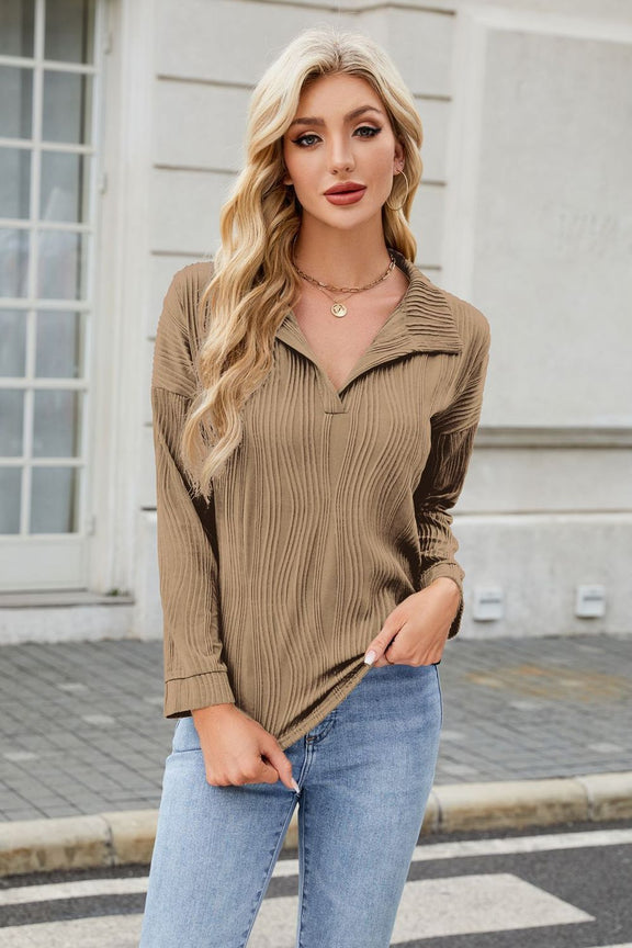 Texture Collared Neck Long Sleeve Blouse Taupe