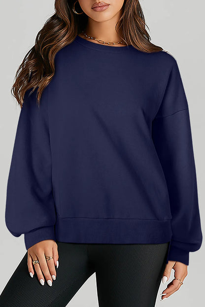 High-Low Round Neck Long Sleeve Sweatshirt Dark Navy