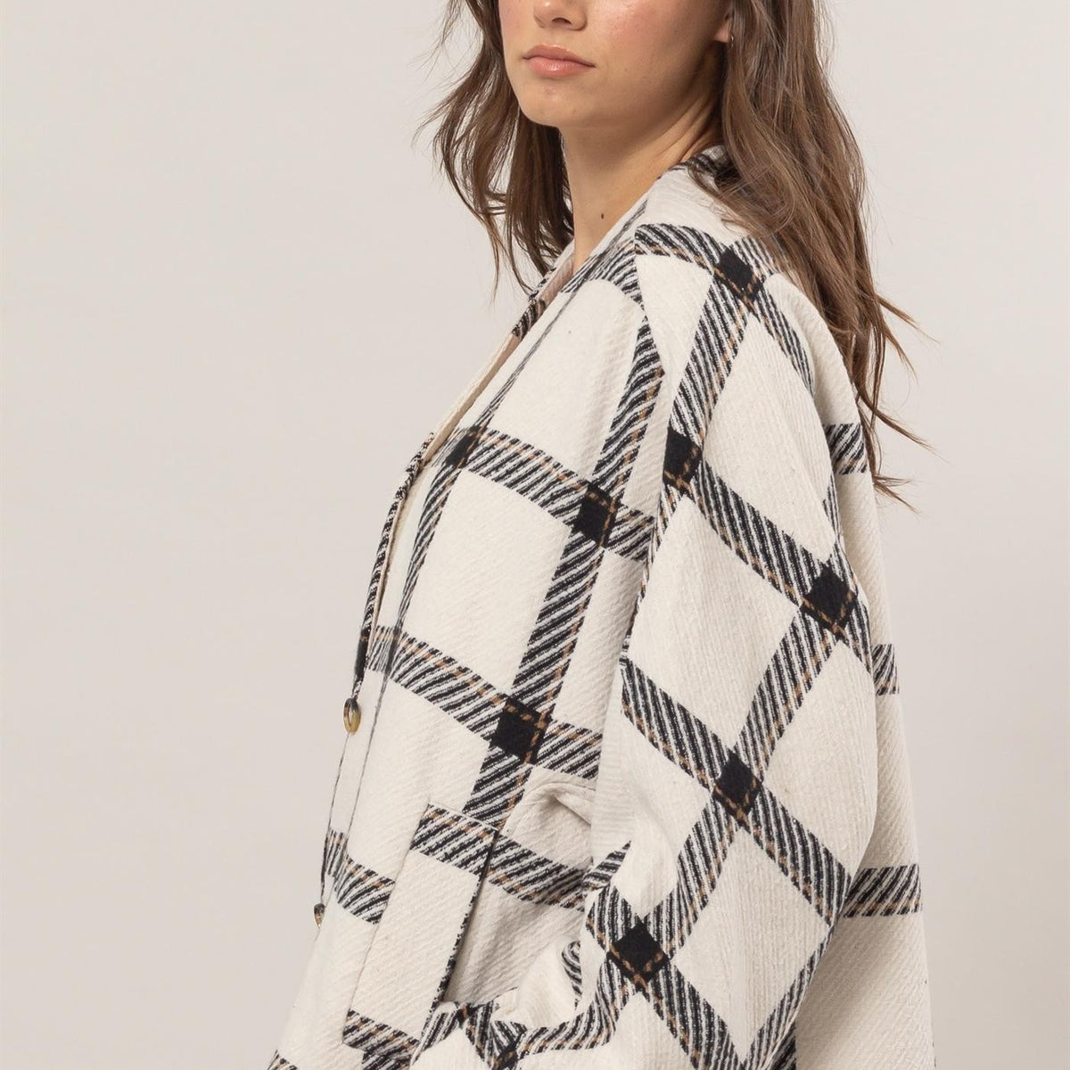 HYFVE Plaid Long Sleeve Jacket with Side Slit Pockets