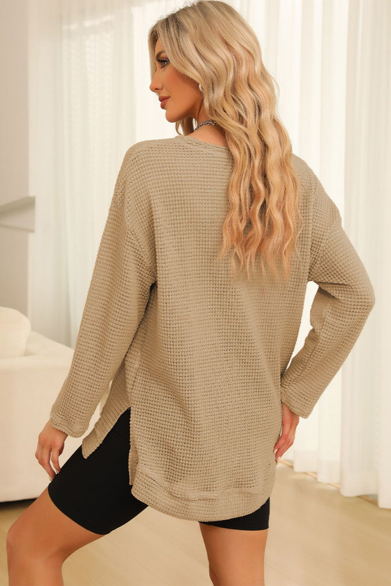 Waffle-Knit Round Neck Long Sleeve Sweatshirt