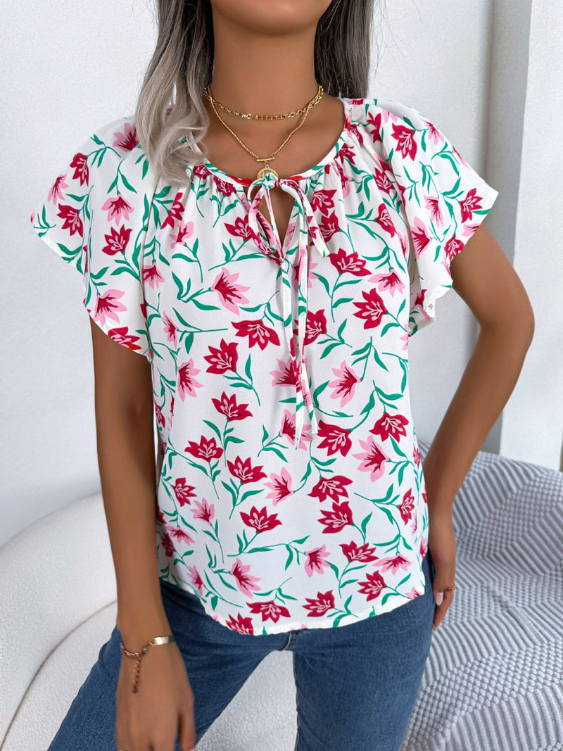 Floral Tie Neck Flutter Sleeve Blouse White