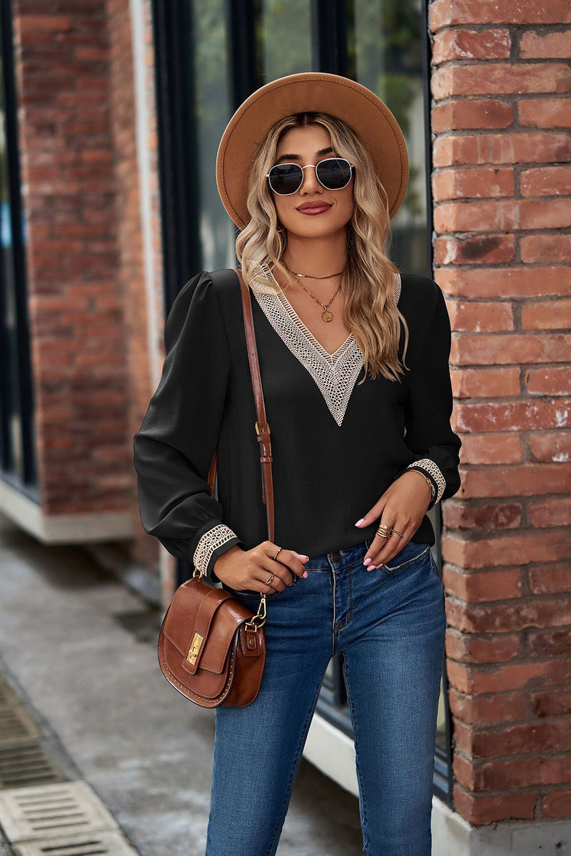 V-Neck Lace Detail Long Sleeve Top Black