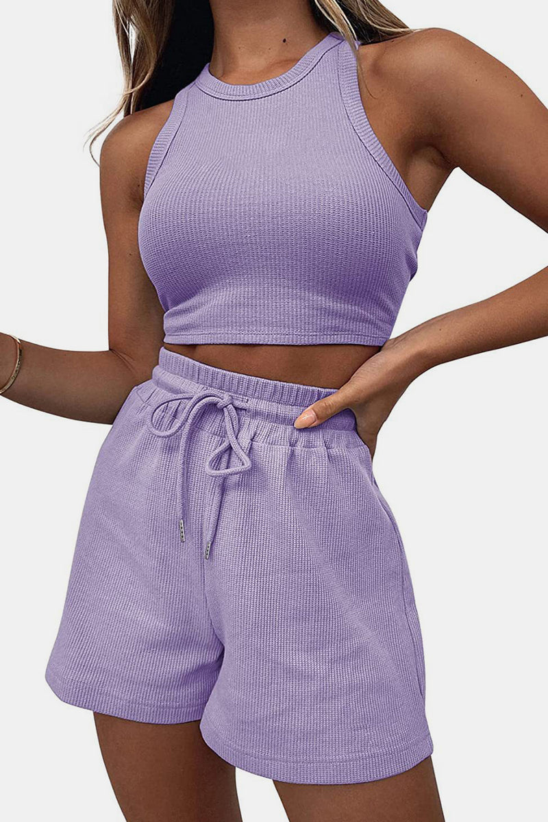 Round Neck Top and Drawstring Shorts Set Lavender