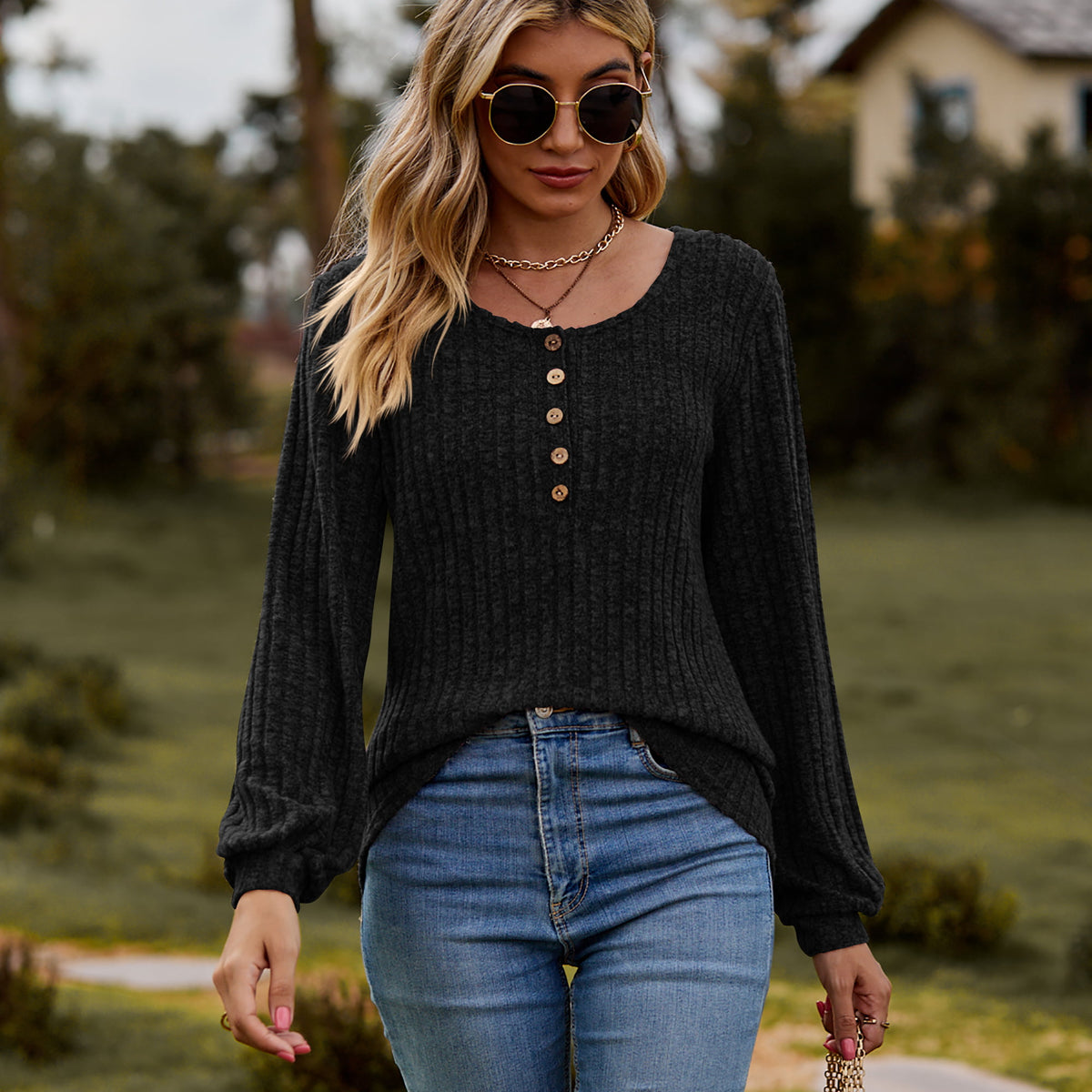 Round Neck Button-Down Long Sleeve Tee