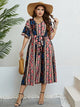 Plus Size Bohemian V-Neck Tie Belt Midi Dress Multicolor
