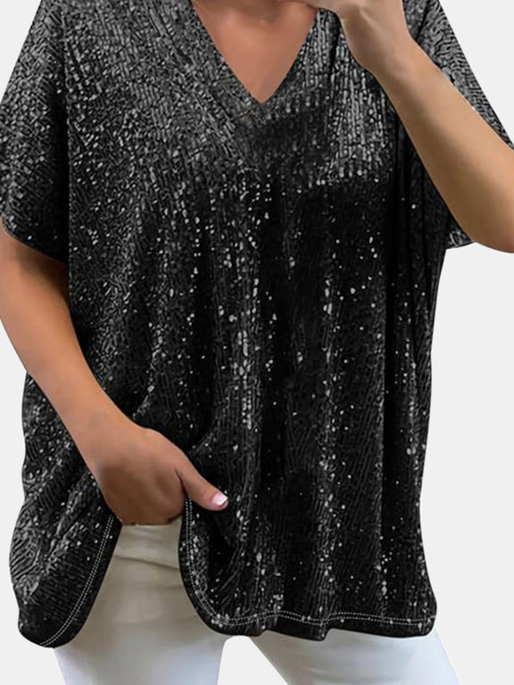 Full Size Sequin V-Neck Short Sleeve Top Black
