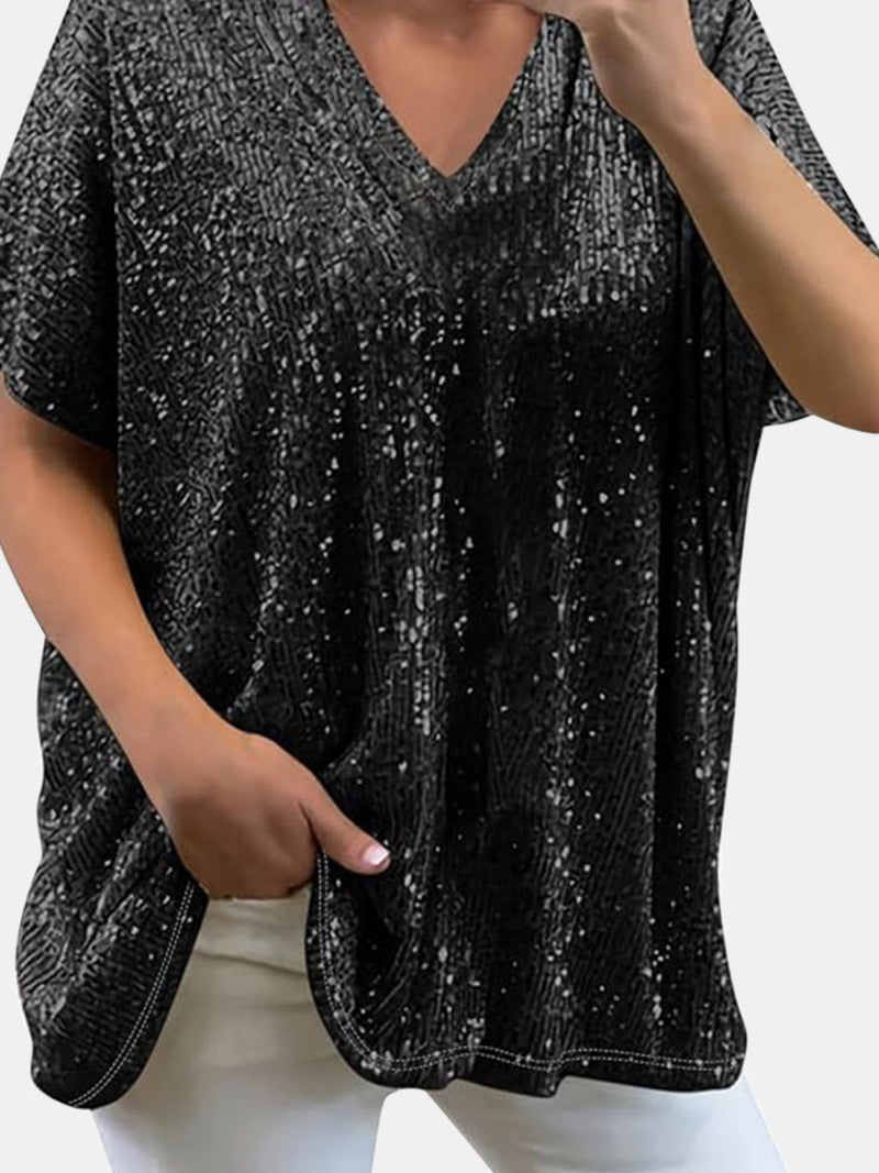 Full Size Sequin V-Neck Short Sleeve Top Black