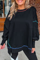 Slit Round Neck Lantern Sleeve Sweatshirt Black