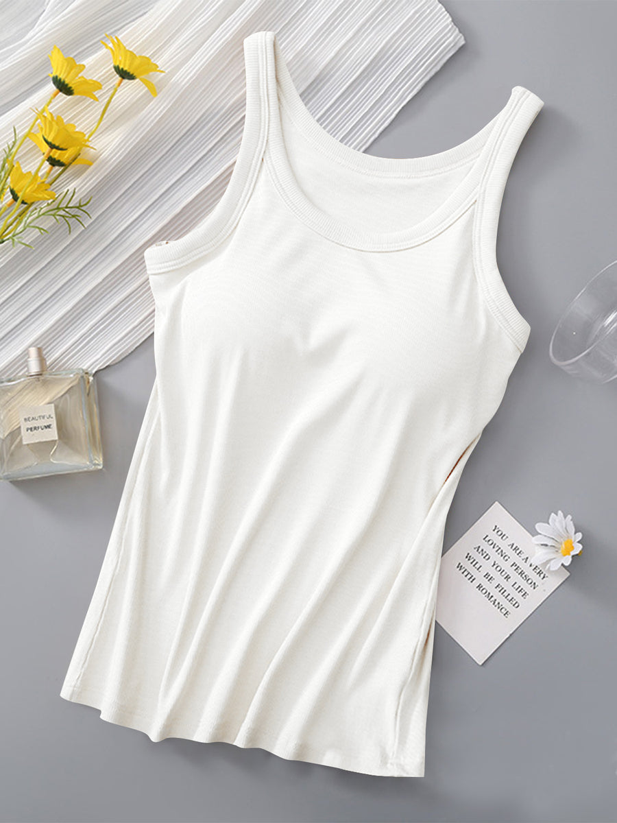 Round Neck Tank with Bra White