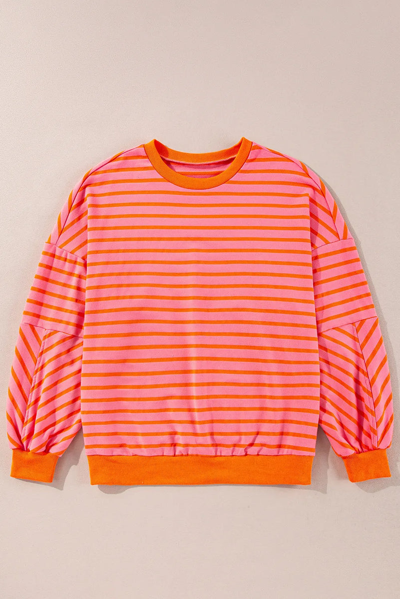 Striped Dropped Shoulder Long Sleeve Sweatshirt Strawberry
