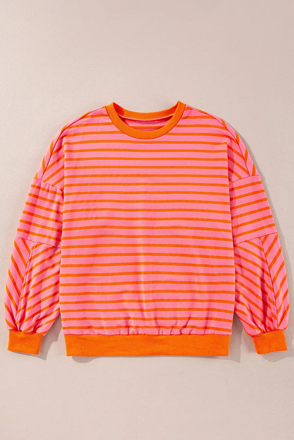 Striped Dropped Shoulder Long Sleeve Sweatshirt Strawberry