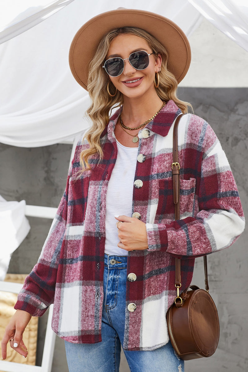 Plaid Button Up Dropped Shoulder Jacket Burgundy