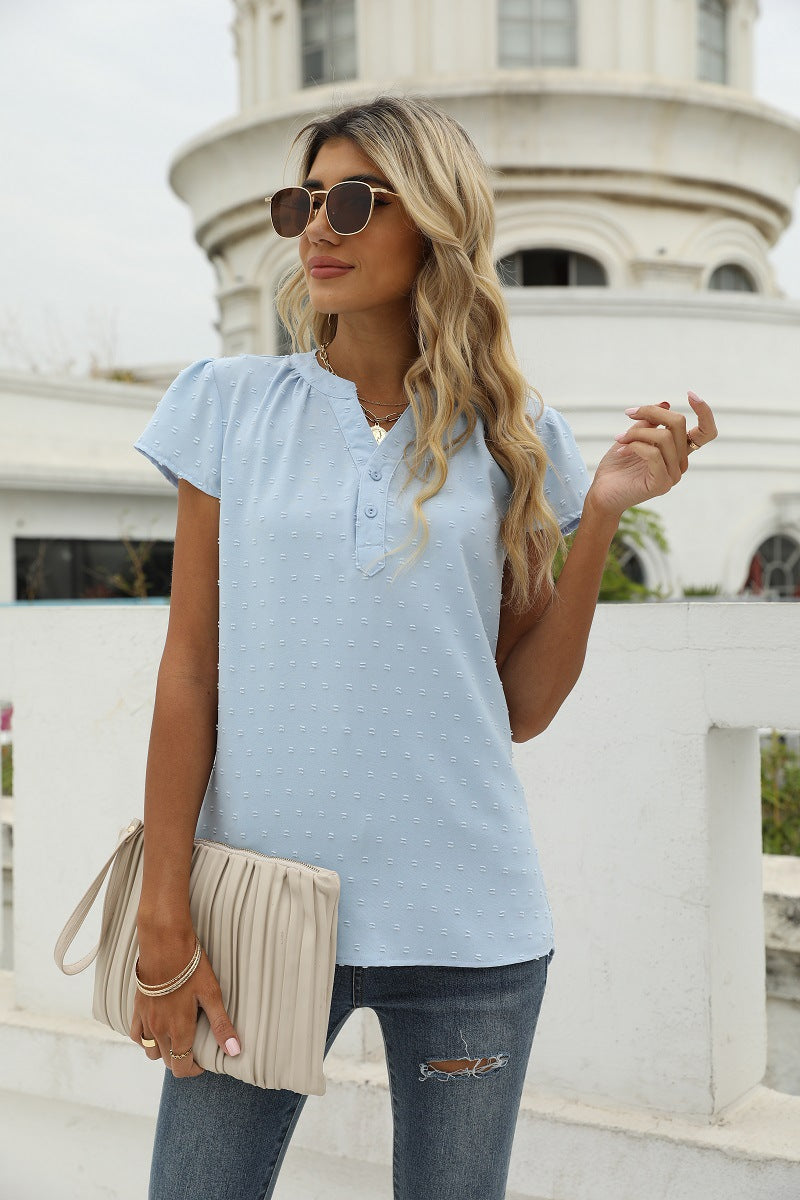Swiss Dot Notched Neck Short Sleeve Top Pastel Blue