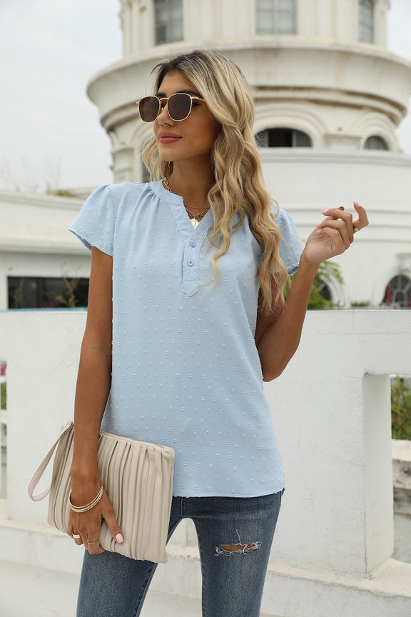 Swiss Dot Notched Neck Short Sleeve Top Pastel Blue