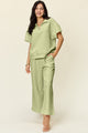 Double Take Full Size Texture Half Zip Short Sleeve Top and Pants Set Mist Green