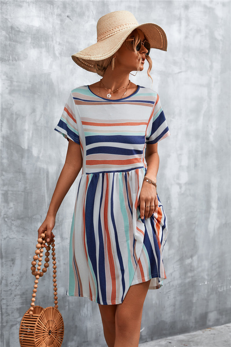 Striped Round Neck Dress Orange White