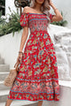 Floral Off-Shoulder Smocked Midi Dress Deep Red
