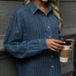 Button Down Collared Neck Long Sleeve Denim Top