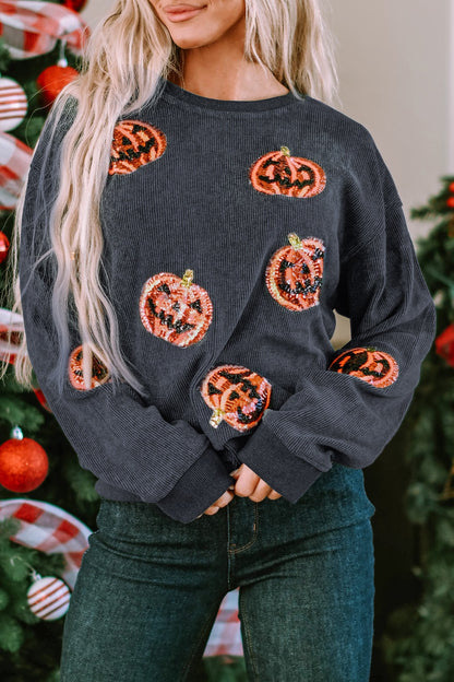 Sequin Patch Pumpkin Round Neck Sweatshirt Dark Gray