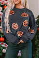 Sequin Patch Pumpkin Round Neck Sweatshirt Dark Gray