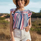 Honey Striped Flutter Sleeve Tied Blouse