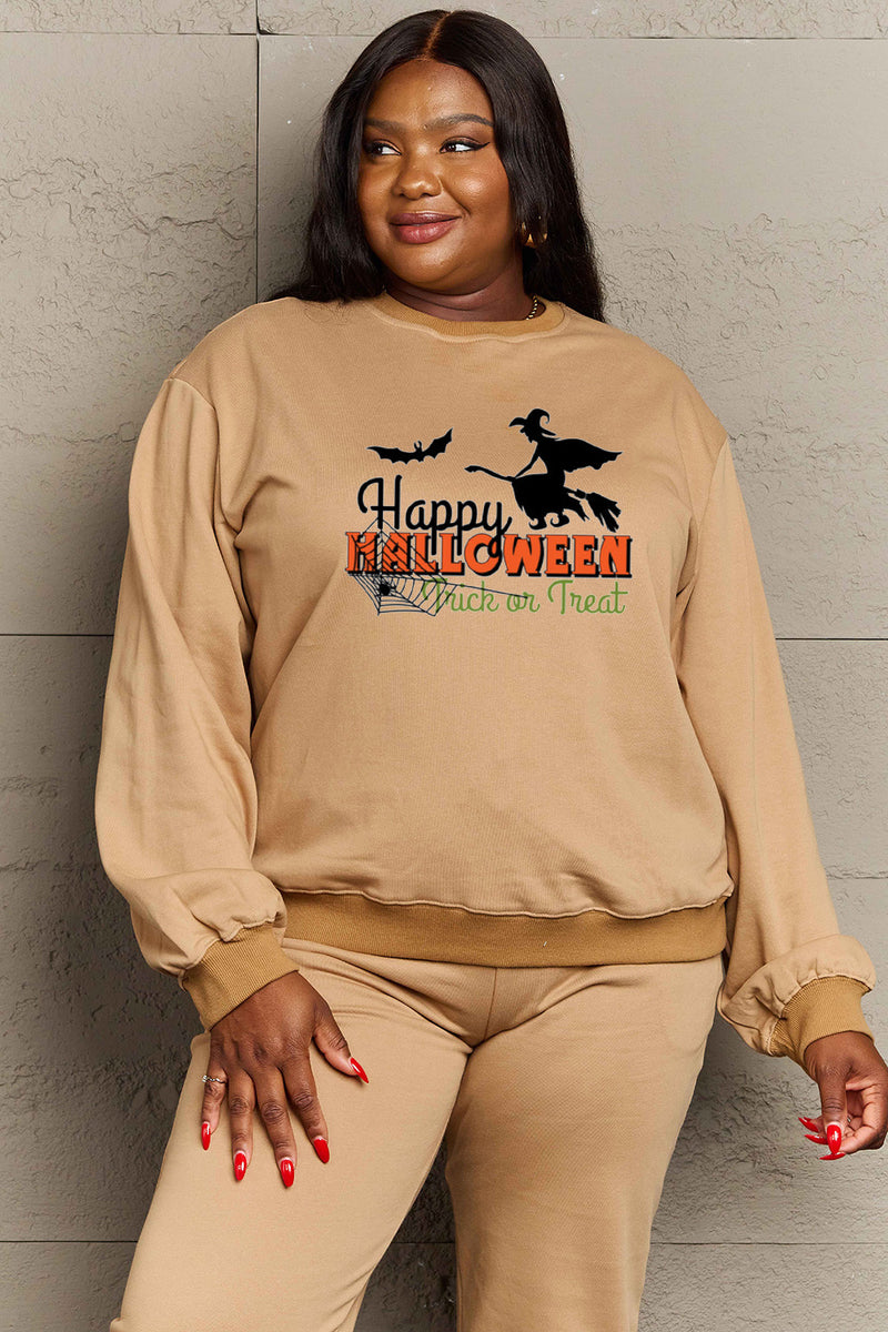 Simply Love Full Size HAPPY HALLOWEEN TRICK OR TREAT Graphic Sweatshirt Tan