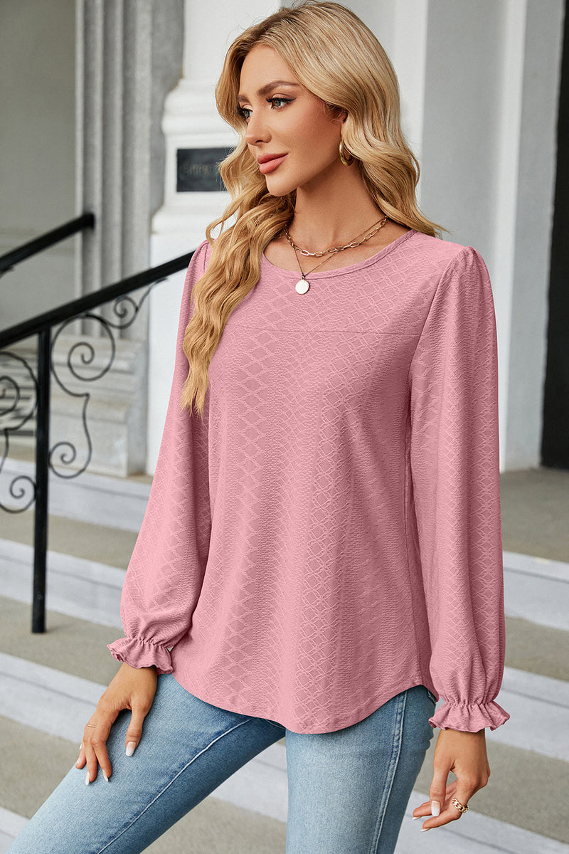 Round Neck Flounce Sleeve T-Shirt Blush Pink