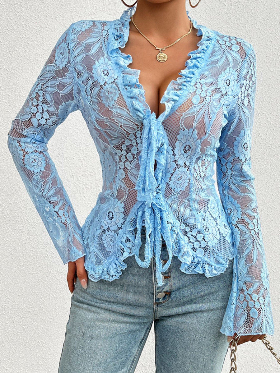 Tied V-Neck Long Sleeve Lace Top Light Blue