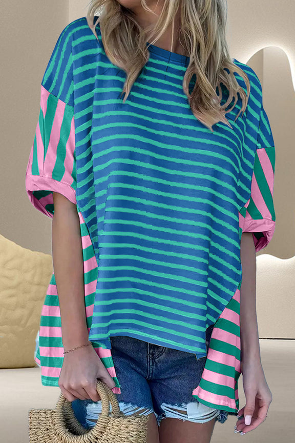 Striped Round Neck Half Sleeve T-Shirt Cerulean