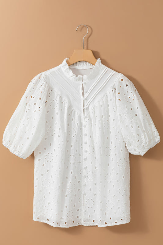 Eyelet Button Up Half Sleeve Blouse