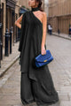 Mock Neck Single Shoulder Top and Pants Set Black