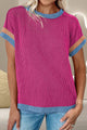 Color Block Round Neck Cap Sleeve T-Shirt Cerise