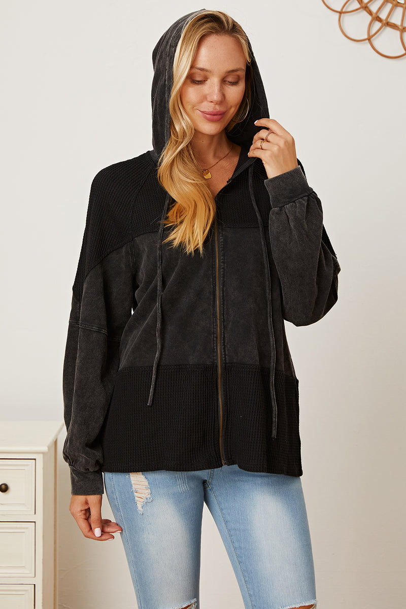 MeiMei Waffle-Knit Drawstring Hooded Outerwear