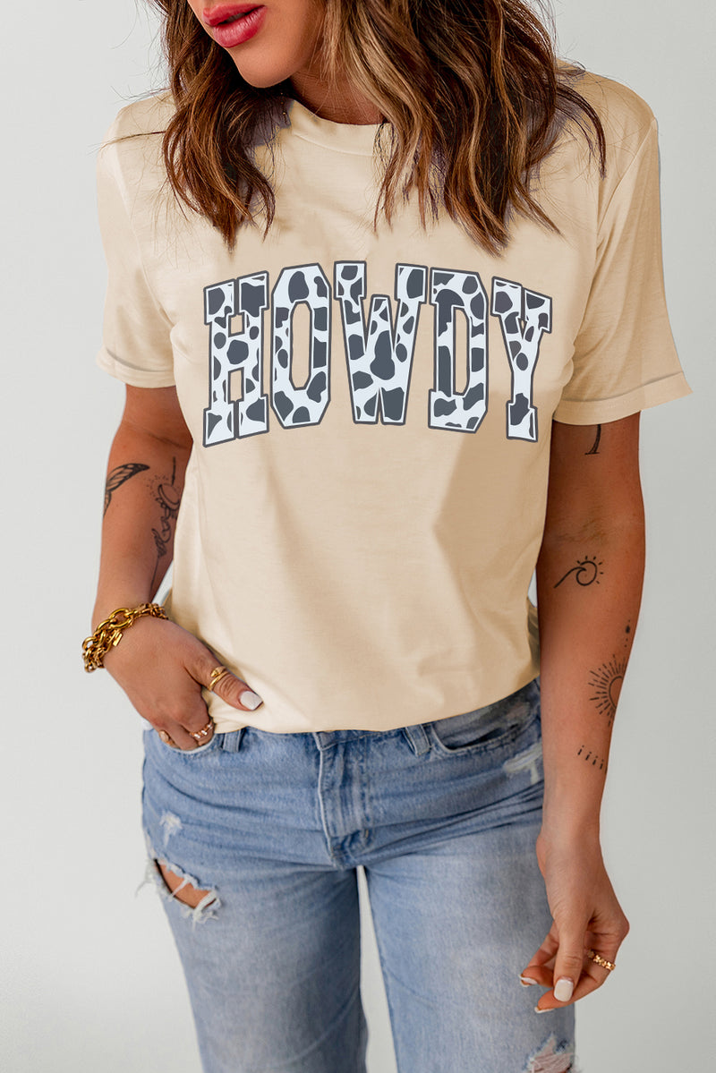 Round Neck Short Sleeve HOWDY Graphic Tee Light Apricot