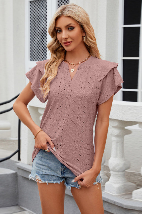 Eyelet Notched Short Sleeve T-Shirt Pink Purple