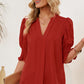 Smocked Flounce Sleeve Notched Neck Blouse