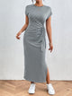 Tied Striped Round Neck Short Sleeve Tee Dress Gray