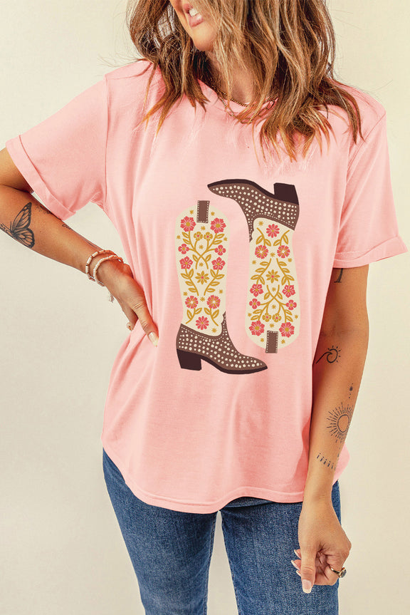Boot Graphic Round Neck Short Sleeve T-Shirt Watermelon pink