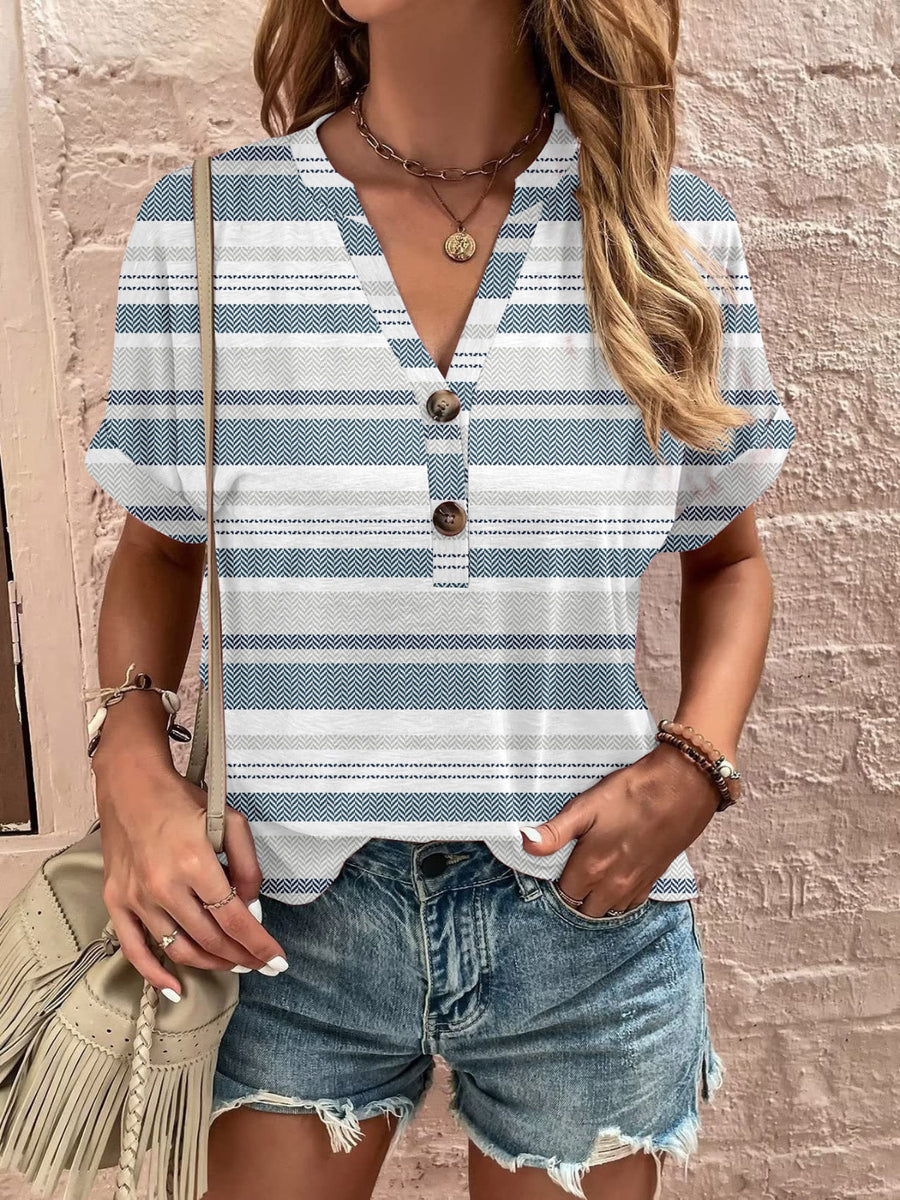 Full Size Printed Notched Short Sleeve Blouse Air Force Blue
