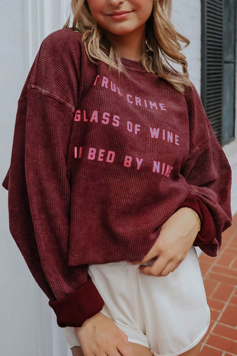Round Neck Dropped Shoulder THANKFUL Graphic Sweatshirt Wine