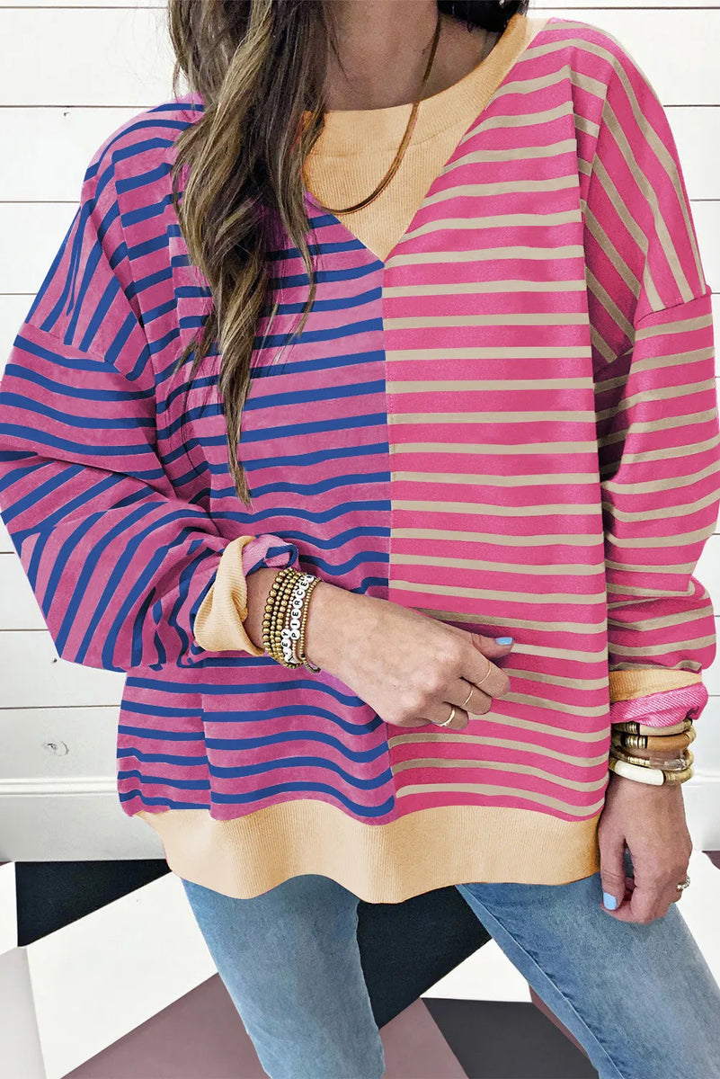 Contrast Stripes Round Neck Long Sleeve Sweatshirt Moonlit Mauve