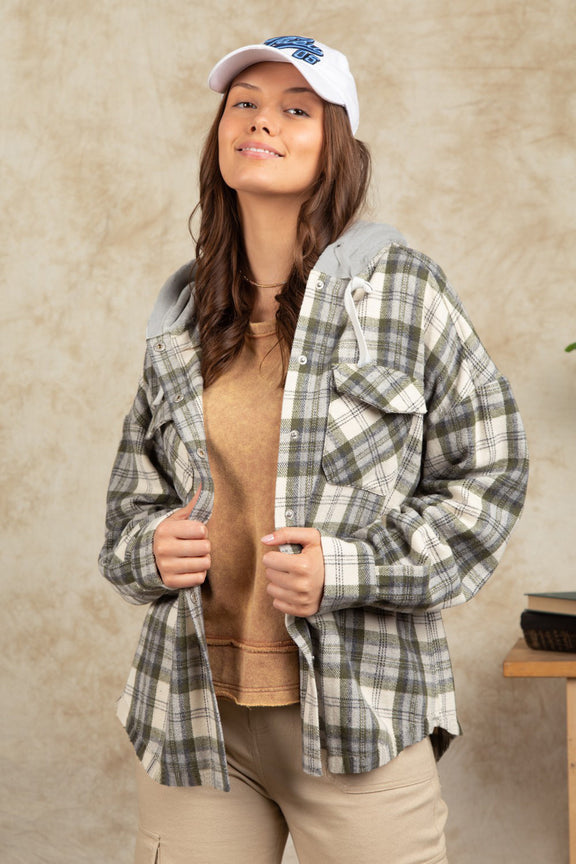 Drawstring Plaid Long Sleeve Hooded Jacket Sage