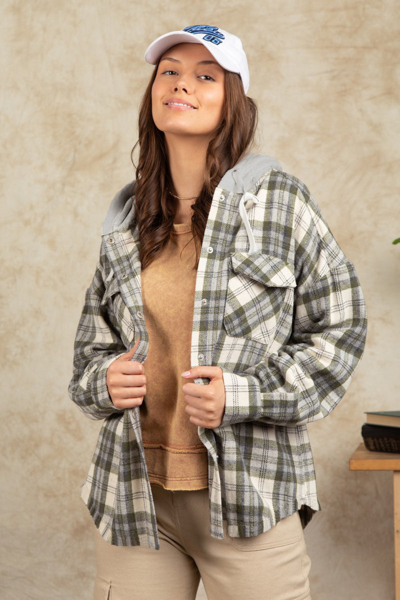 Drawstring Plaid Long Sleeve Hooded Jacket Sage