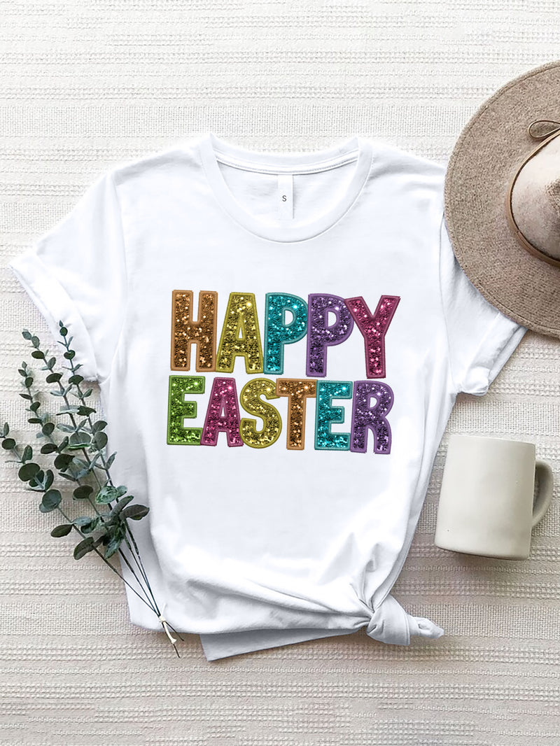 HAPPY EASTER Round Neck Short Sleeve T-Shirt White