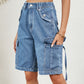 Buttoned Elastic Waist Denim Shorts with Pockets