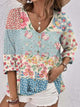 Full Size Printed V-Neck Blouse Light Blue