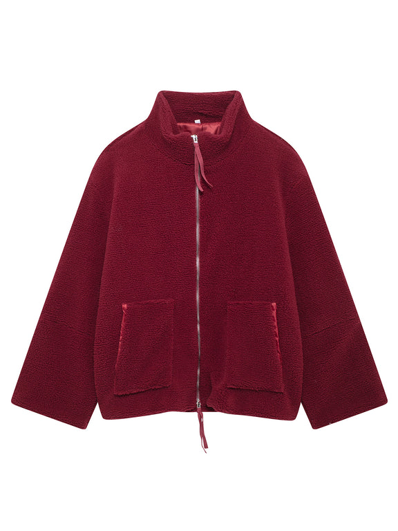 Turtleneck Zip Up Long Sleeve Plush Jacket Burgundy