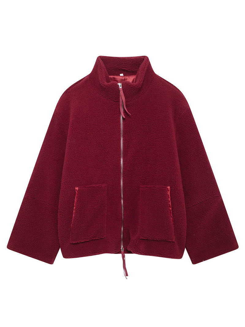 Turtleneck Zip Up Long Sleeve Plush Jacket Burgundy