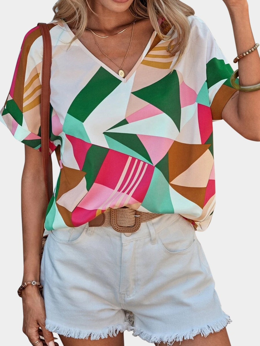 Printed V-Neck Short Sleeve Blouse Green