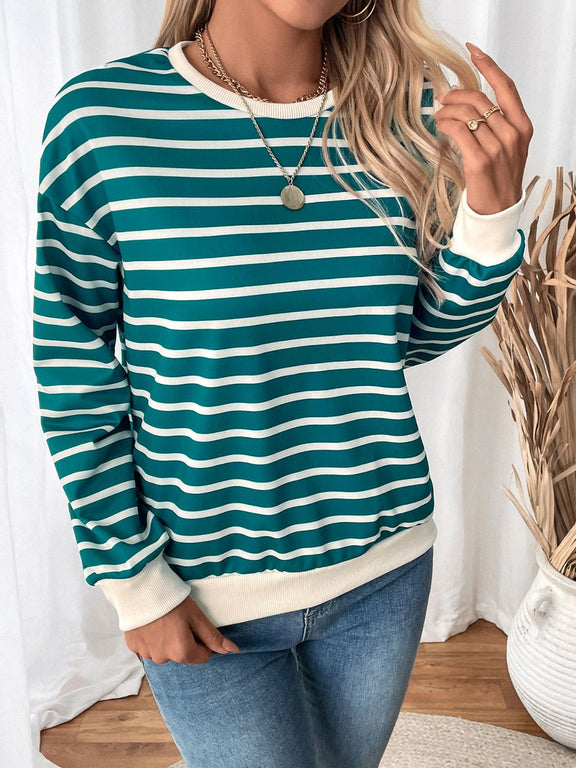 Perfee Striped Contrast Round Neck Long Sleeve Sweatshirt